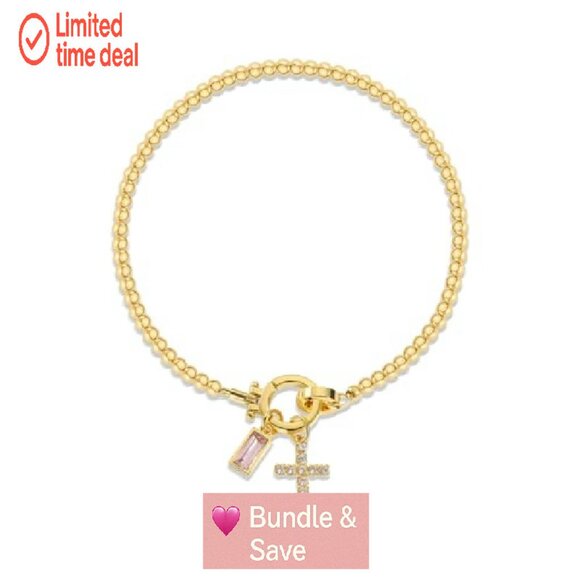 Gold Beaded Stretch Bracelet with Cross Charm & Birthstone, 9.45" - Picture 2 of 8